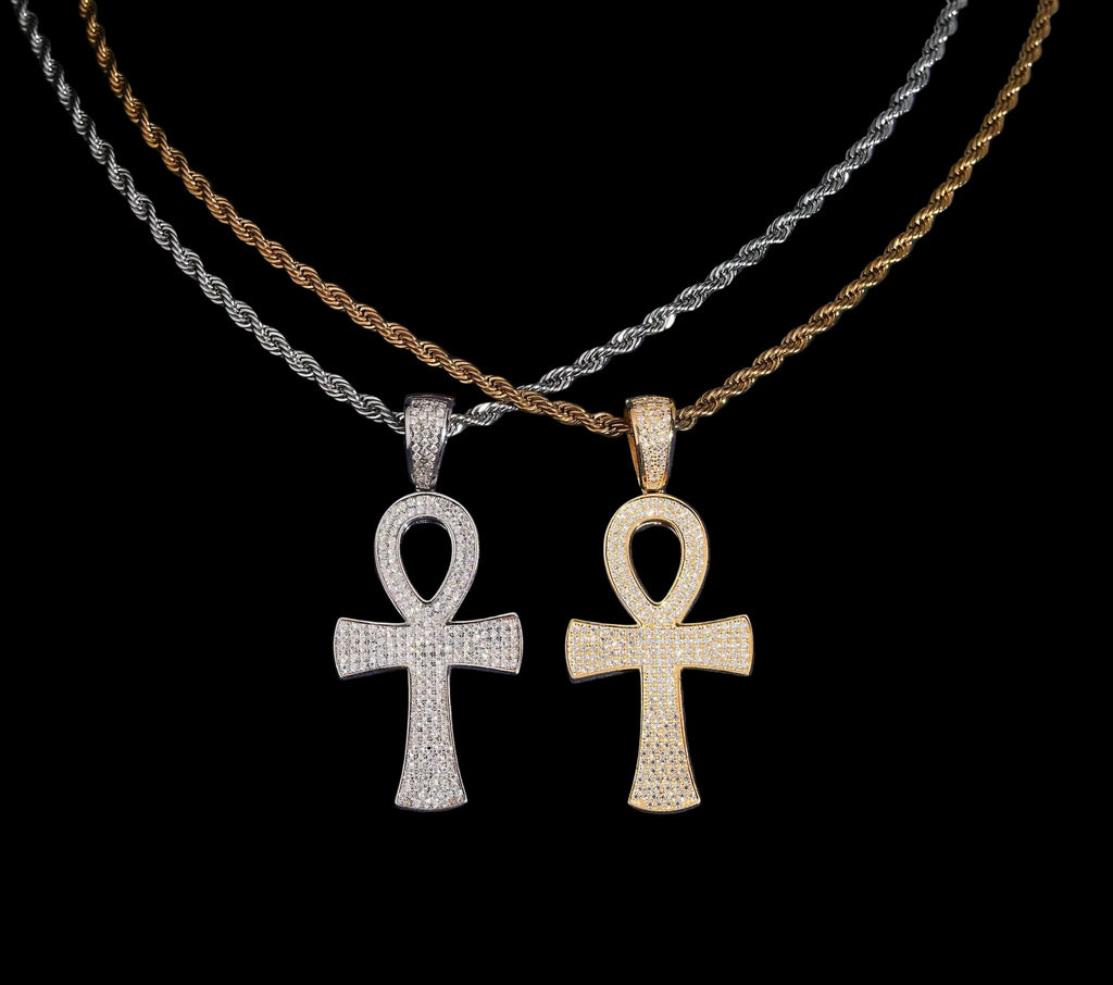 Unisex 925 Sterling Silver VVS Moissanite Ankh Cross Iced Out Pendant P6102