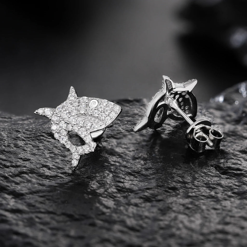 Unisex Iced Out 925 Sterling Silver VVS Moissanite Shark Stud Earrings