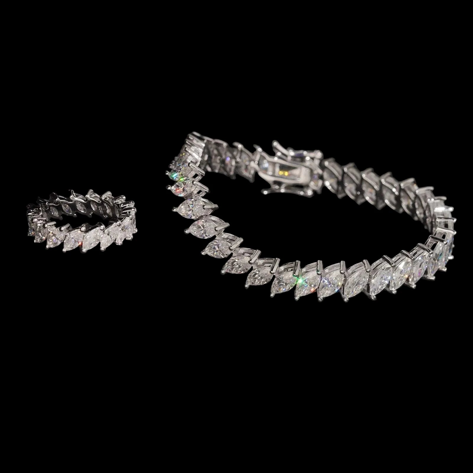 Women's Marquise Cut VVS Moissanite Fancy Band Ring 925 Sterling Silver