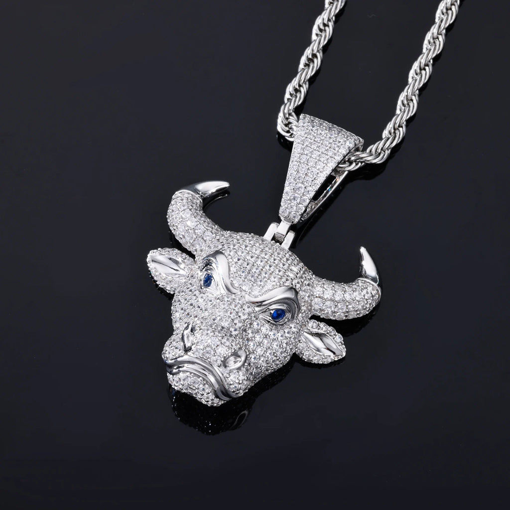 Unisex Iced Out Brave Bull Head Pendant 925 Sterling Silver VVS Moissanite TQP0834