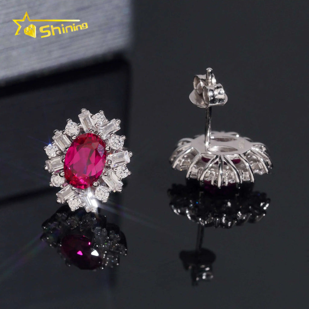 Women's Round Brilliant Cut Lab Grown Ruby and Moissanite Stud Earrings 925 Sterling Silver