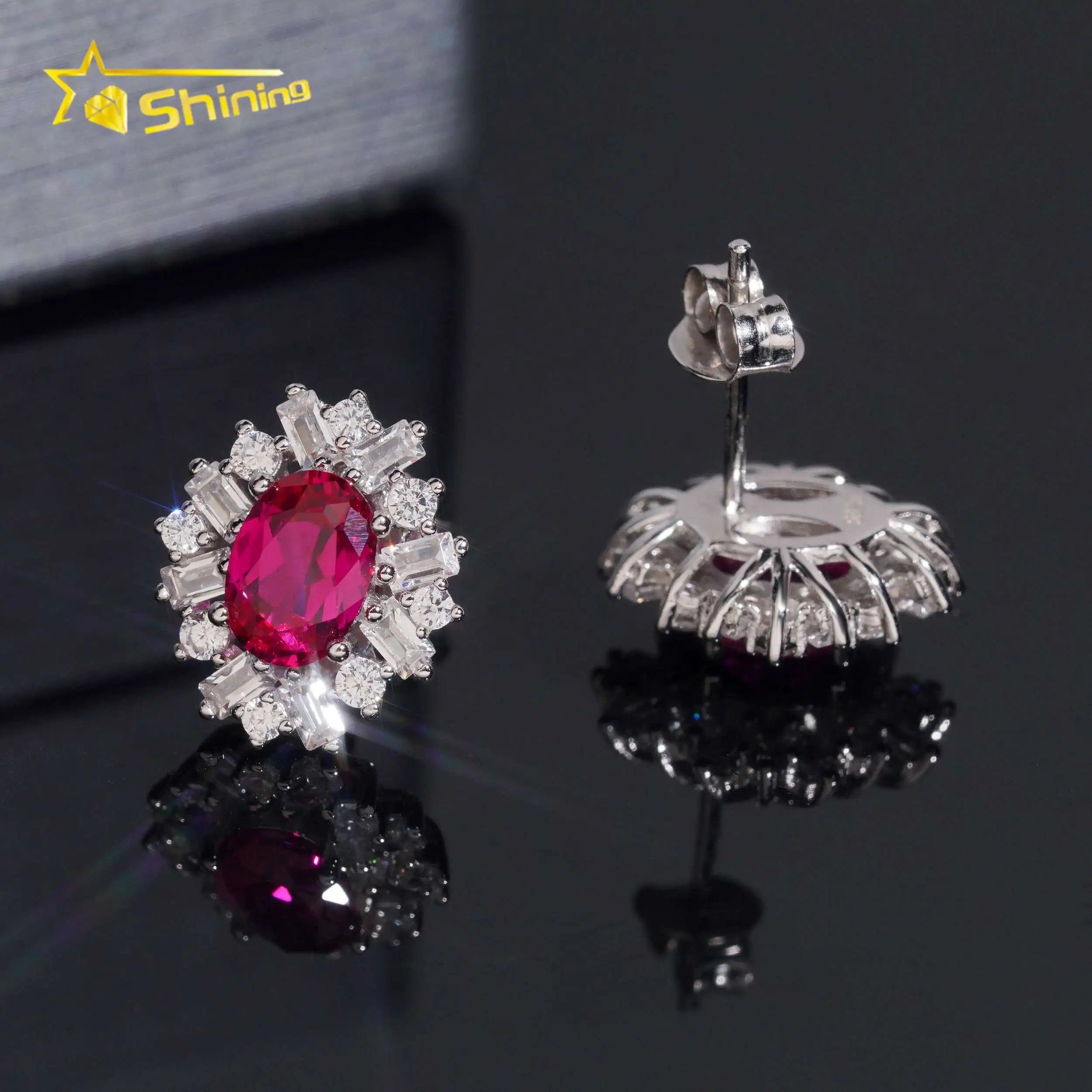 Women's Round Brilliant Cut Lab Grown Ruby and Moissanite Stud Earrings 925 Sterling Silver