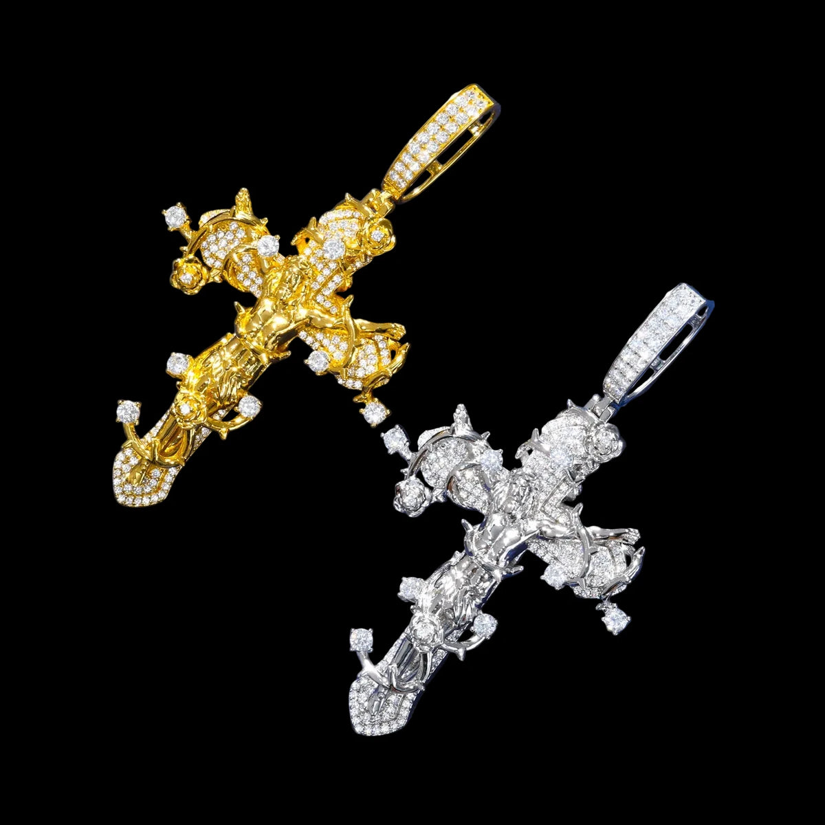 Unisex 925 Sterling Silver VVS Moissanite Iced Out Thorns Crucifix Jesus Pendant TQP0683