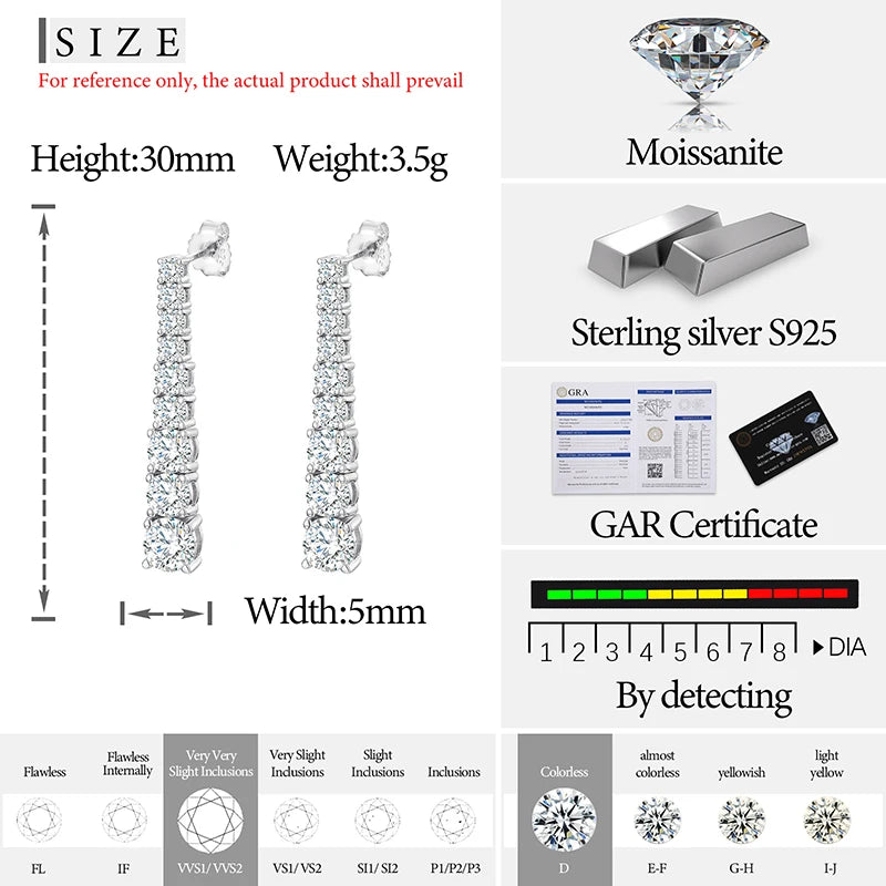 Unisex 925 Sterling Silver VVS Moissanite Dangle Earrings