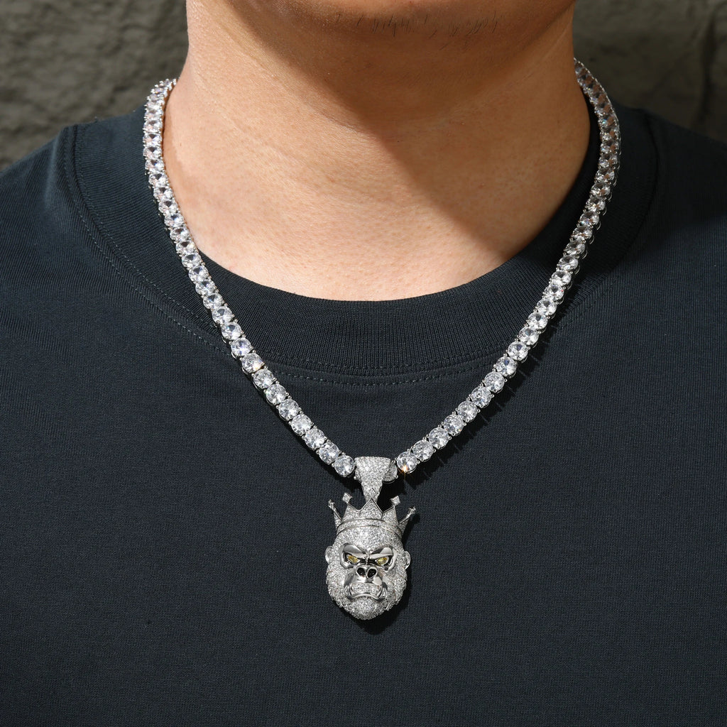 Unisex 925 Sterling Silver VVS Moissanite Gorilla with Crown Iced Out Pendant