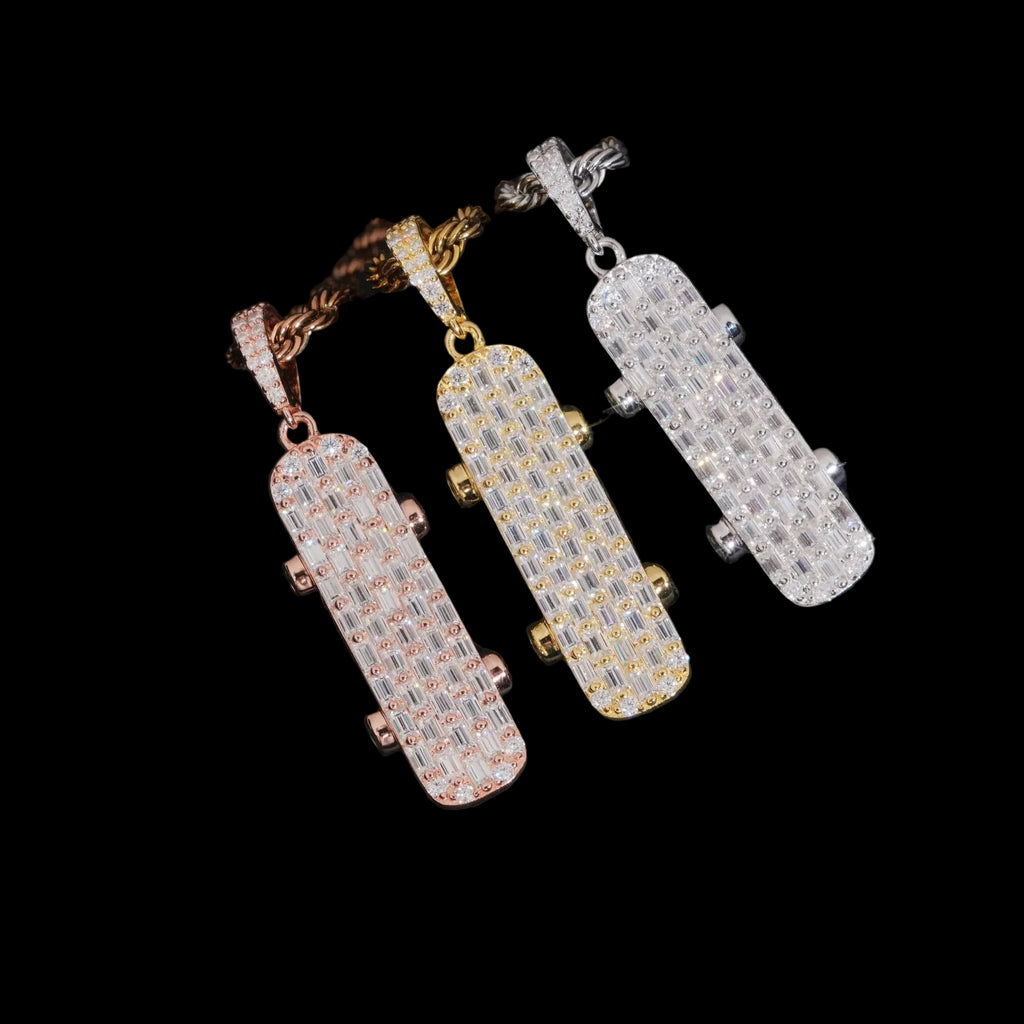 Unisex 925 Sterling Silver VVS Moissanite Skateboard Iced Out Pendant