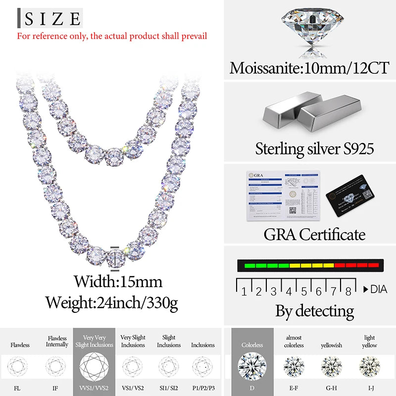 Unisex Iced Out 925 Sterling Silver Rhodium Plated VVS Moissanite Round Brilliant Cut Tennis Chain Necklace 15mm