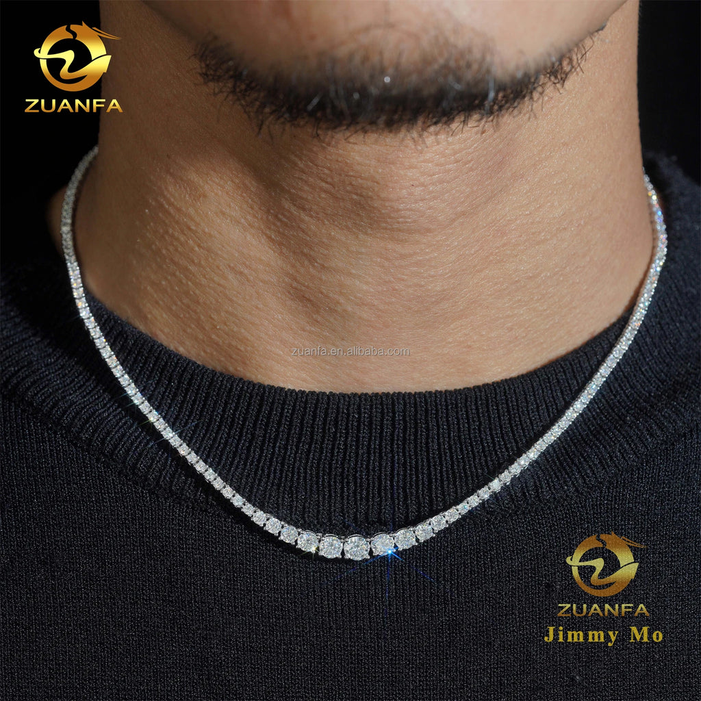 Unisex Iced Out 925 Sterling Silver Rhodium Plated VVS Moissanite Gradient Cluster Tennis Chain Necklace 2mm