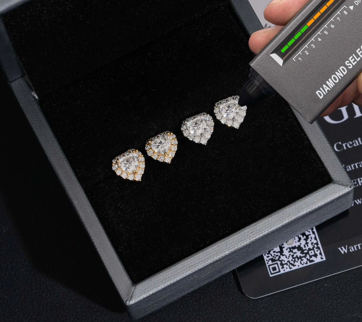 Unisex 925 Sterling Silver VVS Moissanite Heart Stud Earrings