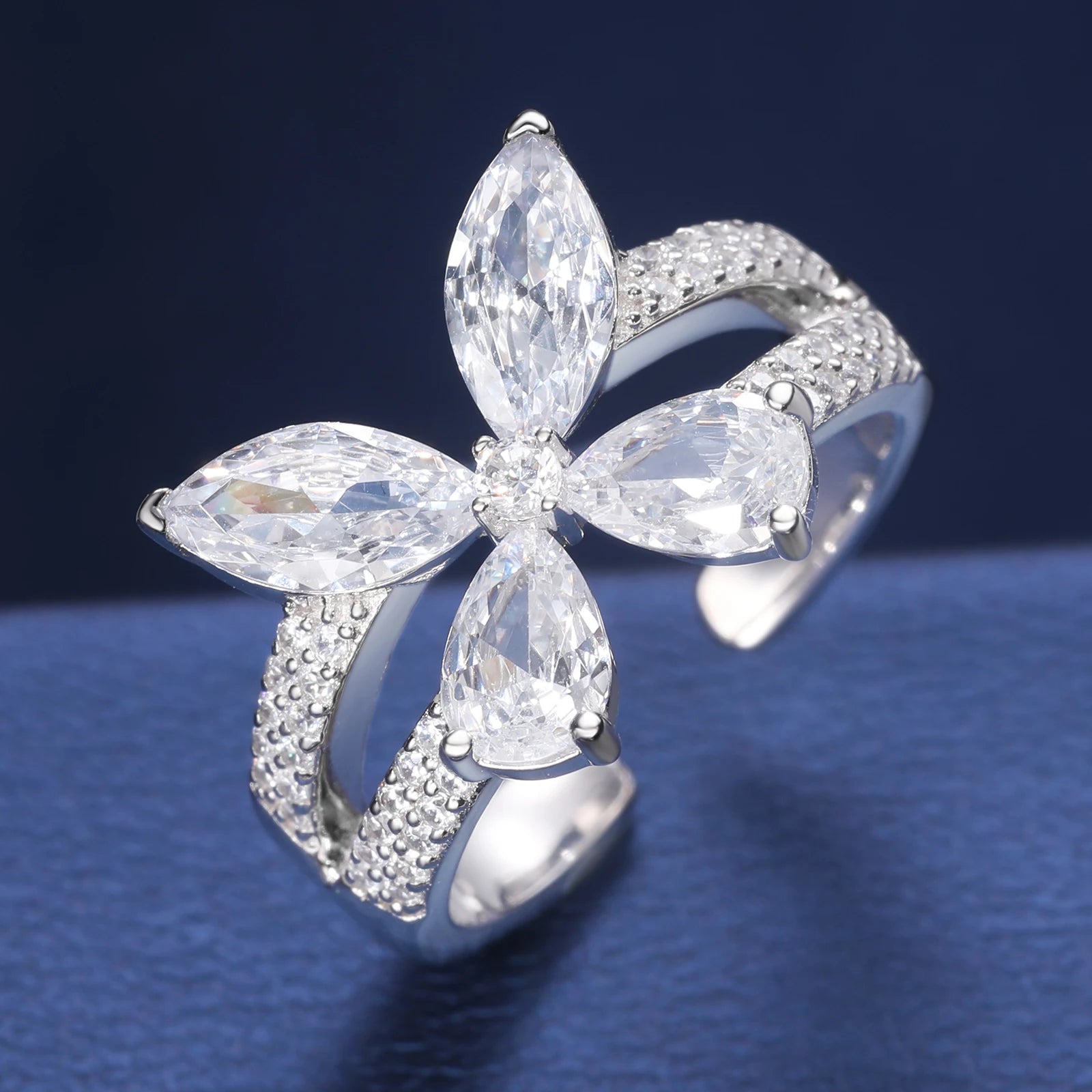 Women's Iced Out 925 Sterling Silver Pear Cut 5A Cubic Zirconia Butterfly Open Ring