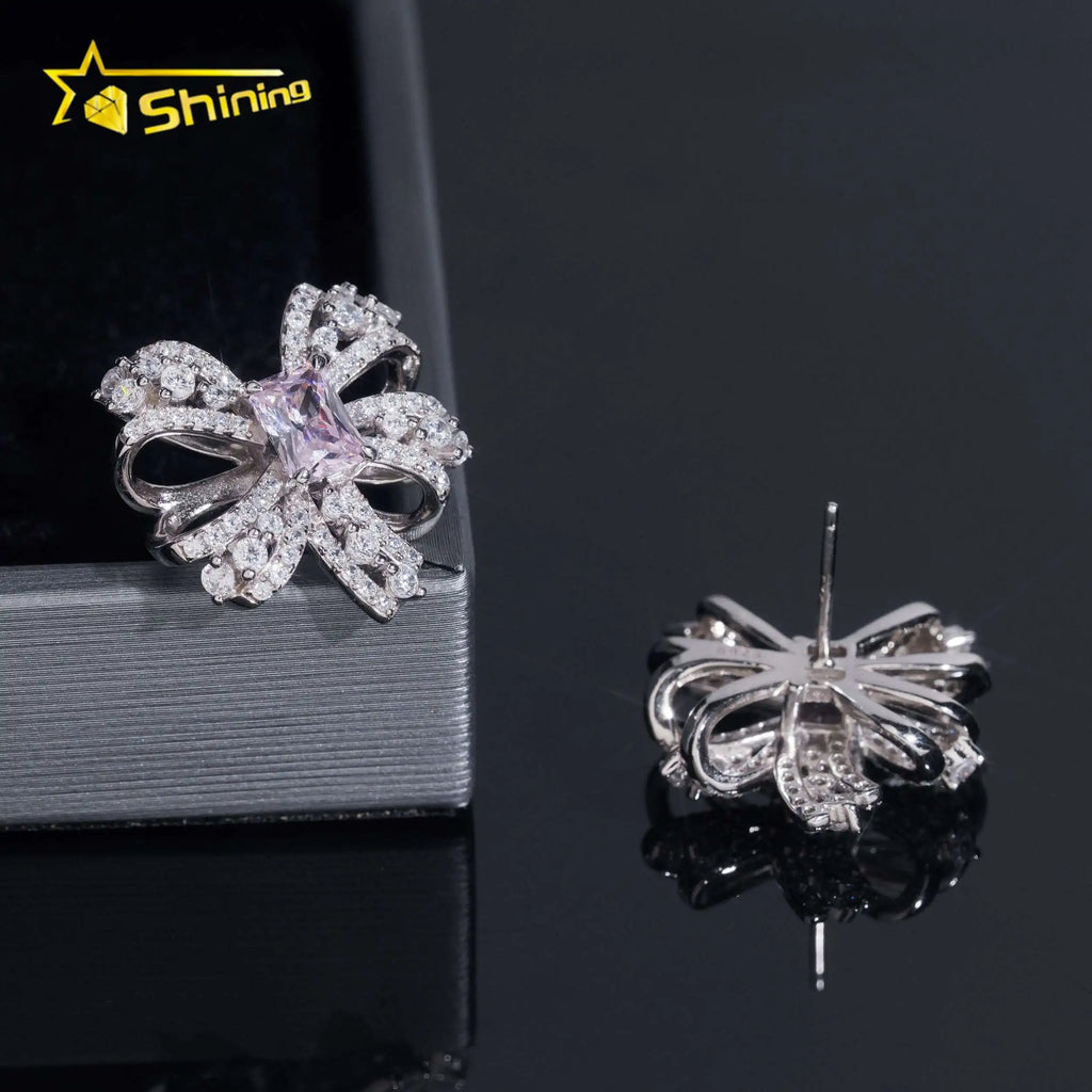 Women's Bow Tie VVS Moissanite & Sakura Pink Lab Grown Gemstone Stud Earrings 925 Sterling Silver