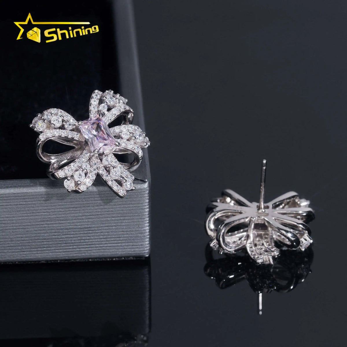Women's Bow Tie VVS Moissanite & Sakura Pink Lab Grown Gemstone Stud Earrings 925 Sterling Silver