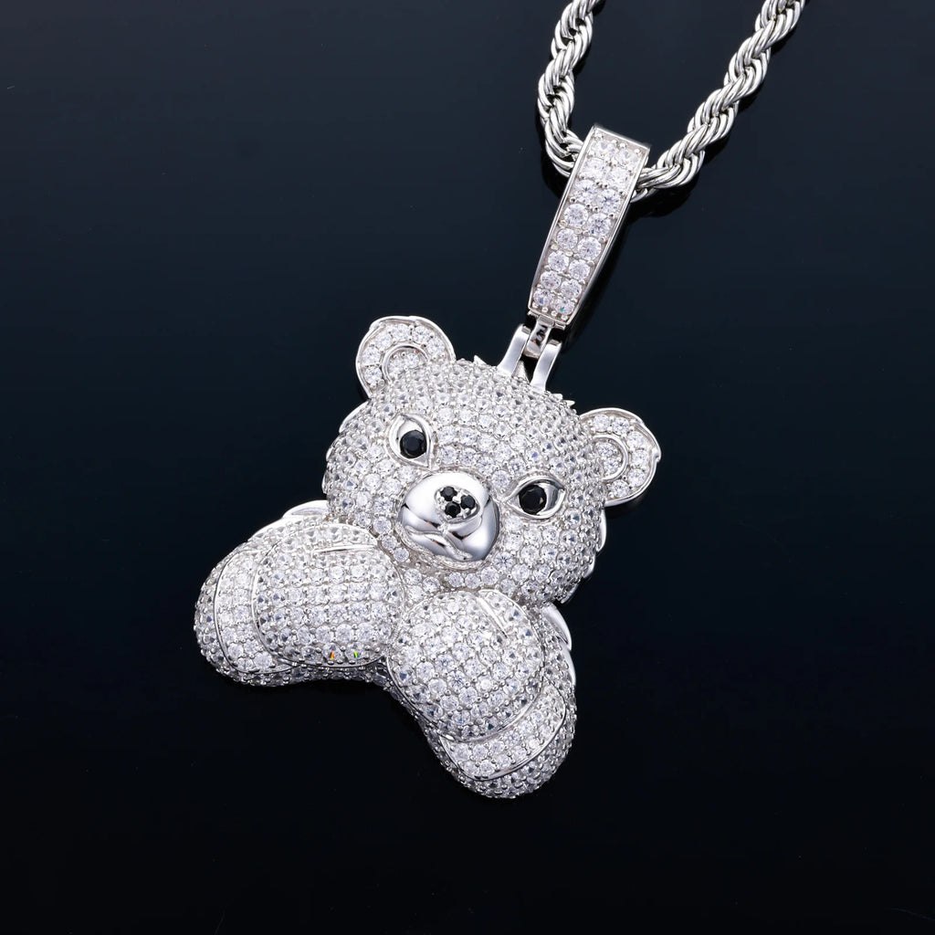 Men's 925 Sterling Silver VVS Moissanite Iced Out Boxing Teddy Bear Pendant TQP0882