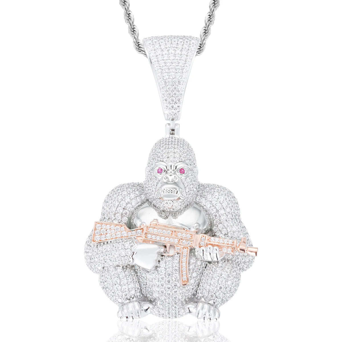Unisex Iced Out Gorilla Holding AK Pendant 925 Sterling Silver VVS Moissanite TQP0867