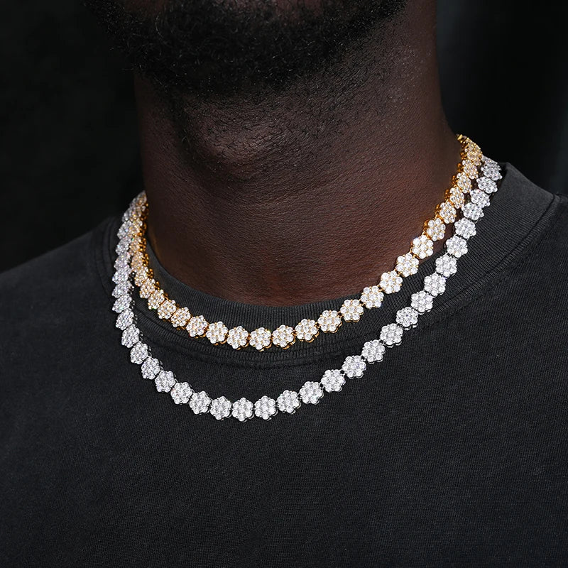 Unisex 925 Sterling Silver VVS Moissanite Iced Out Honeycomb Flower Tennis Chain Necklace TQN0185