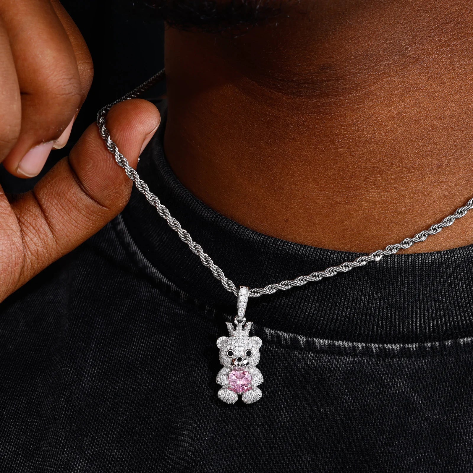 Unisex 925 Sterling Silver VVS Moissanite Iced Out Teddy Bear Pendant TQP0895