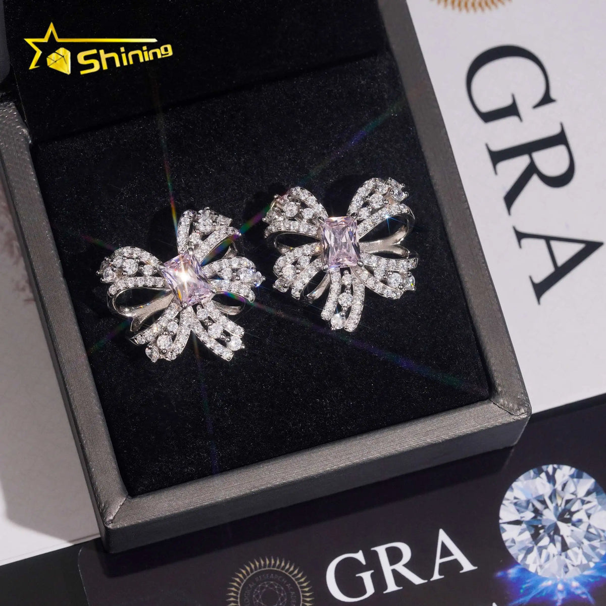 Women's Bow Tie VVS Moissanite & Sakura Pink Lab Grown Gemstone Stud Earrings 925 Sterling Silver