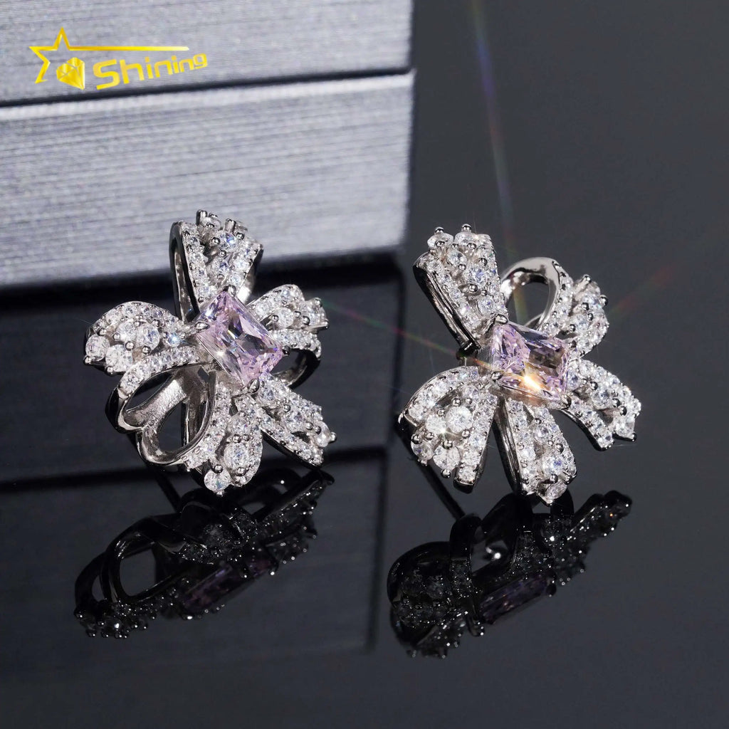 Women's Bow Tie VVS Moissanite & Sakura Pink Lab Grown Gemstone Stud Earrings 925 Sterling Silver