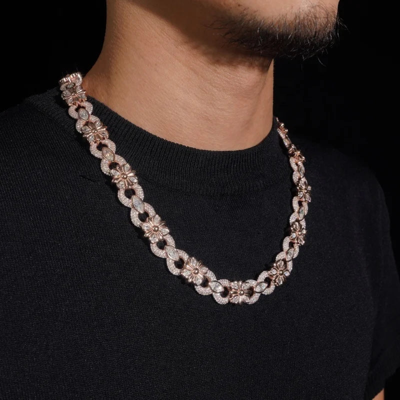 Unisex 15mm Cross Infinity Link Round Brilliant Cut VVS Moissanite Cuban Link Chain Necklace Rose Gold Plated 925 Sterling Silver