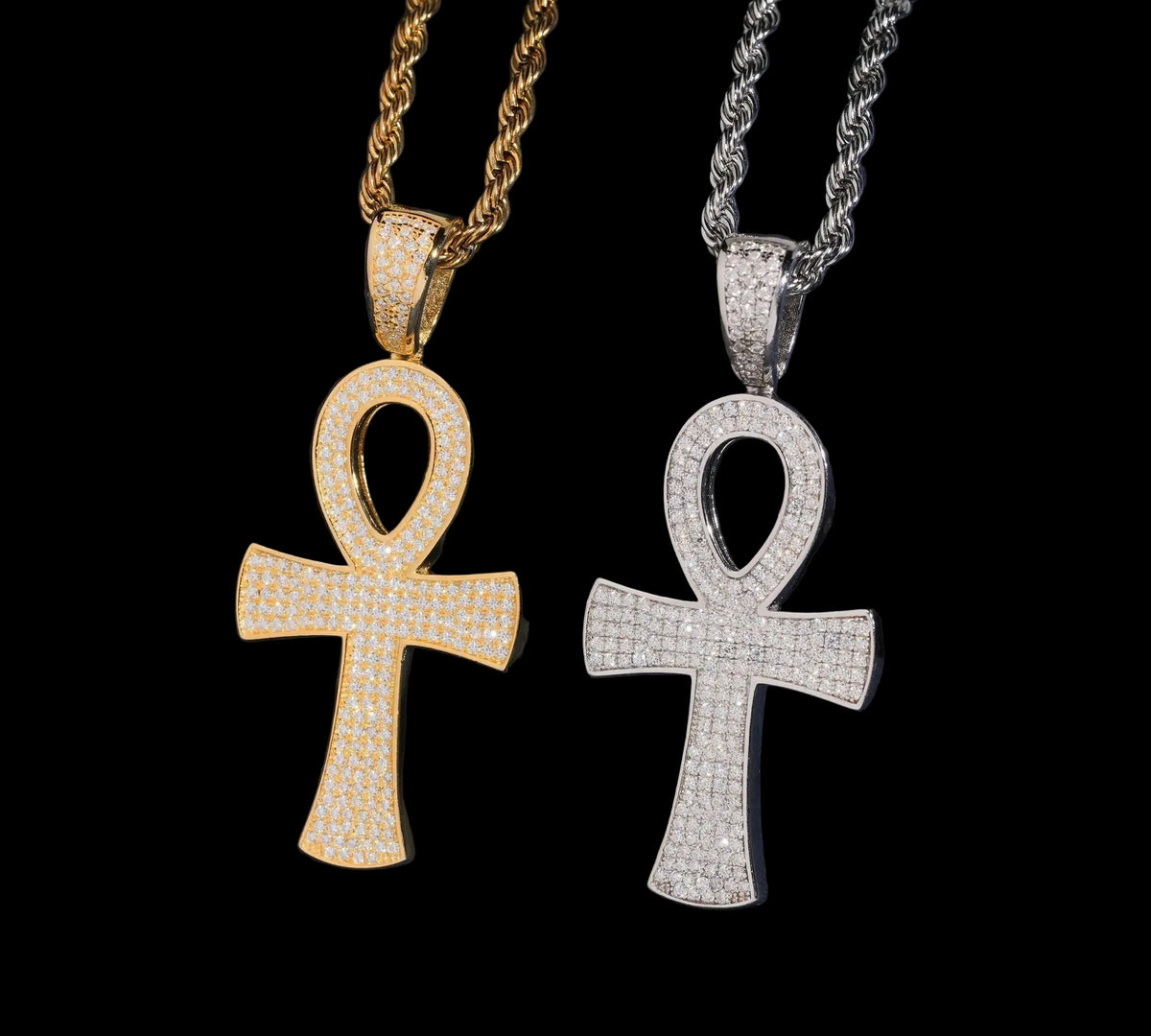 Unisex 925 Sterling Silver VVS Moissanite Ankh Cross Iced Out Pendant P6102