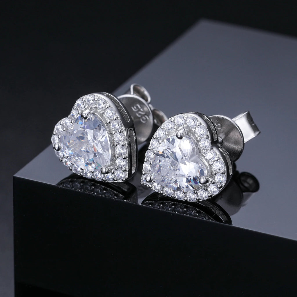 Unisex Iced Out 925 Sterling Silver VVS Moissanite Heart Cut Stud Earrings