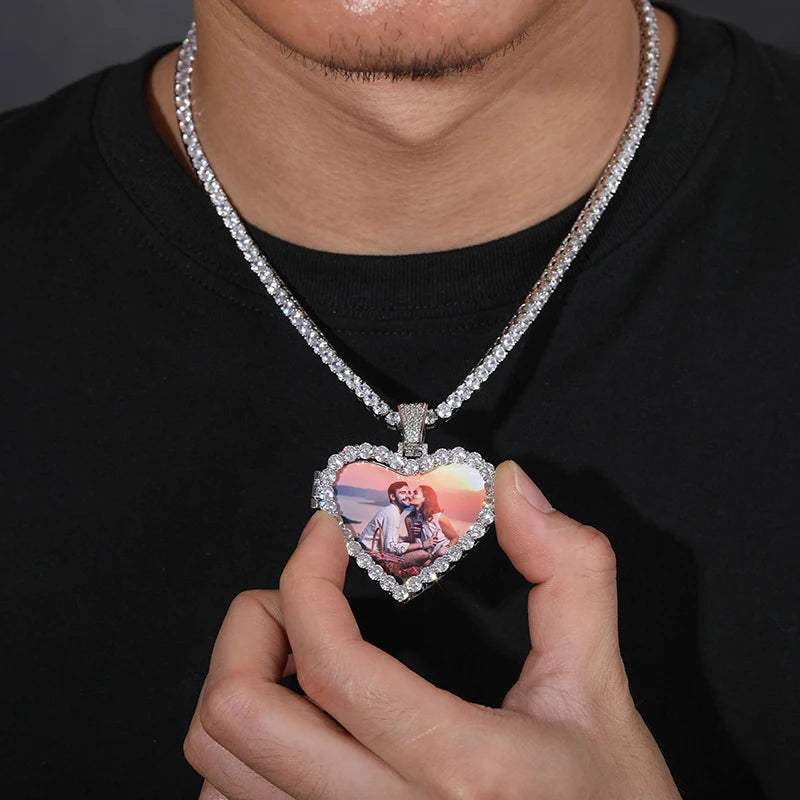Unisex Iced Out Heart Photo Pendant 925 Sterling Silver VVS Moissanite TQP0143