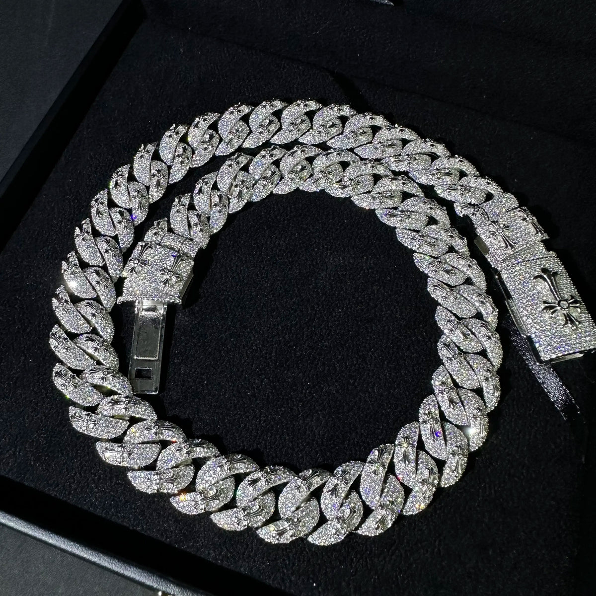 Men's 18mm Round Brilliant Cut Moissanite Cross Charm Cuban Link Chain Necklace 925 Sterling Silver