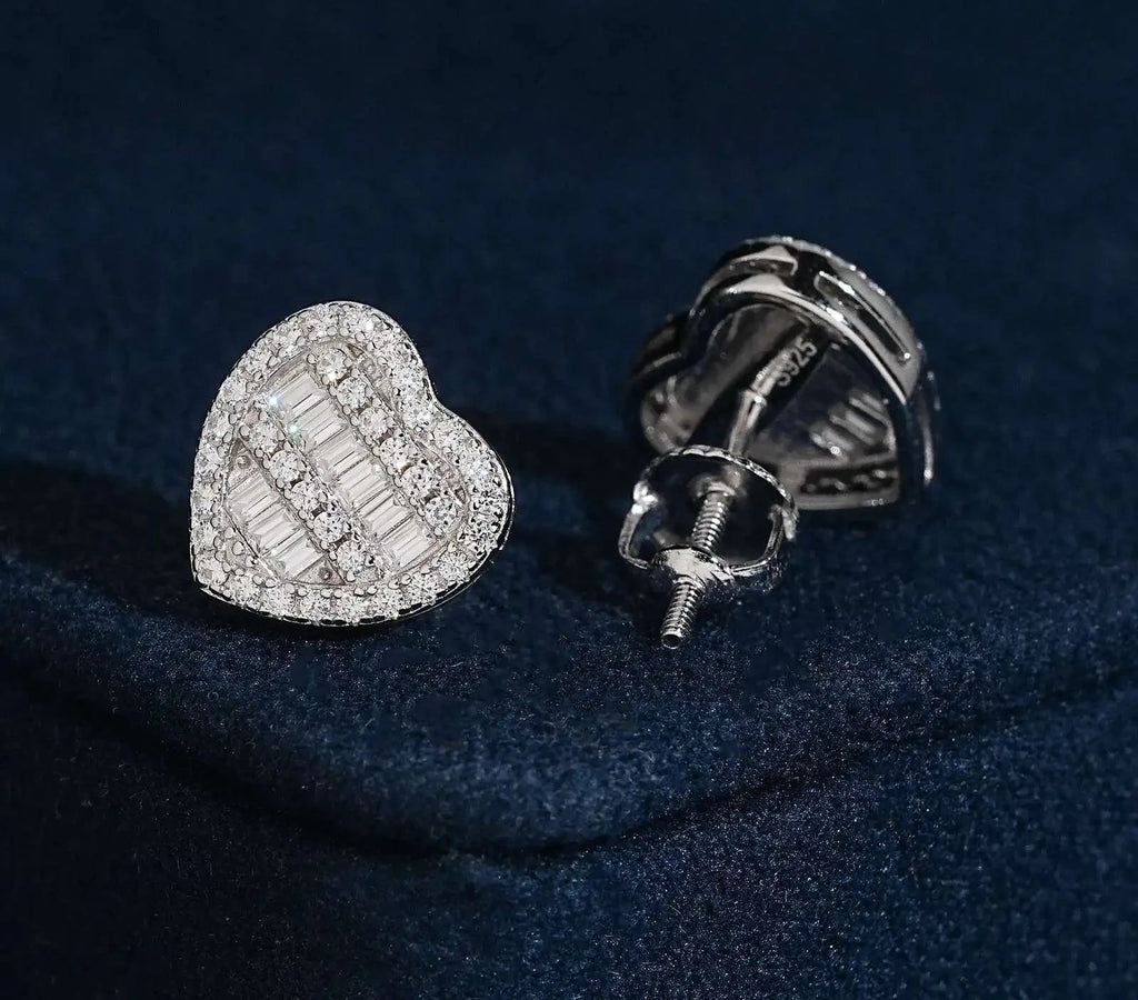 Unisex 925 Sterling Silver VVS Moissanite Heart Baguette Iced Out Stud Earrings
