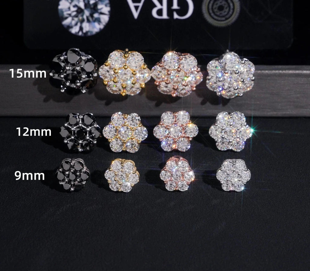Unisex 925 Sterling Silver VVS Moissanite Flower Iced Cluster Stud Earrings
