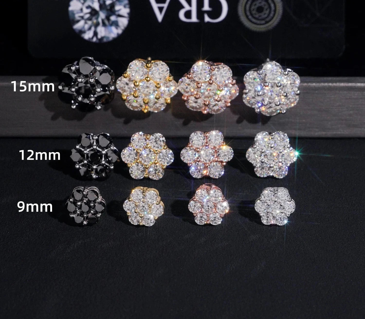 Unisex 925 Sterling Silver VVS Moissanite Flower Iced Cluster Stud Earrings