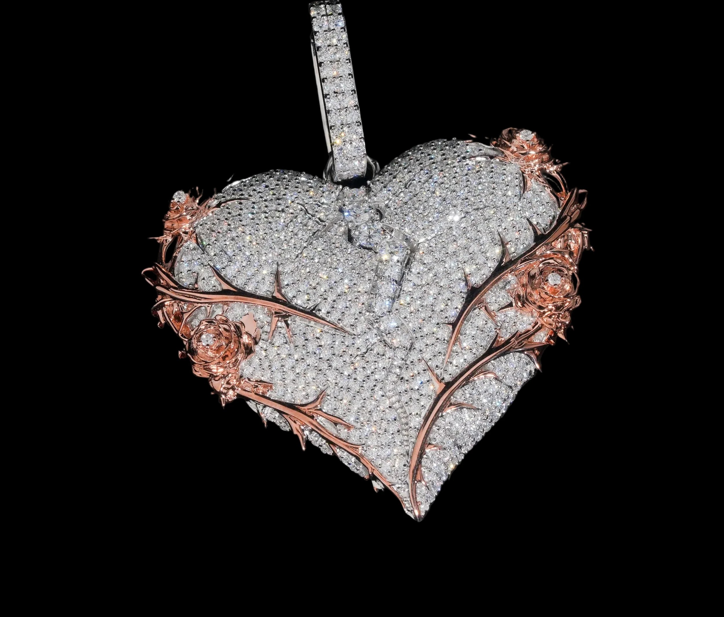 Unisex 925 Sterling Silver VVS Moissanite Broken Heart Thorn Iced Out Pendant BP4962