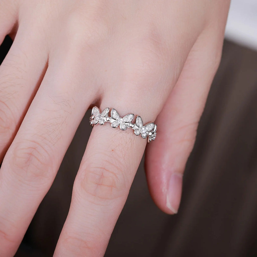Unisex Iced Out 925 Sterling Silver VVS Moissanite Round Brilliant Cut Adjustable Butterfly Ring