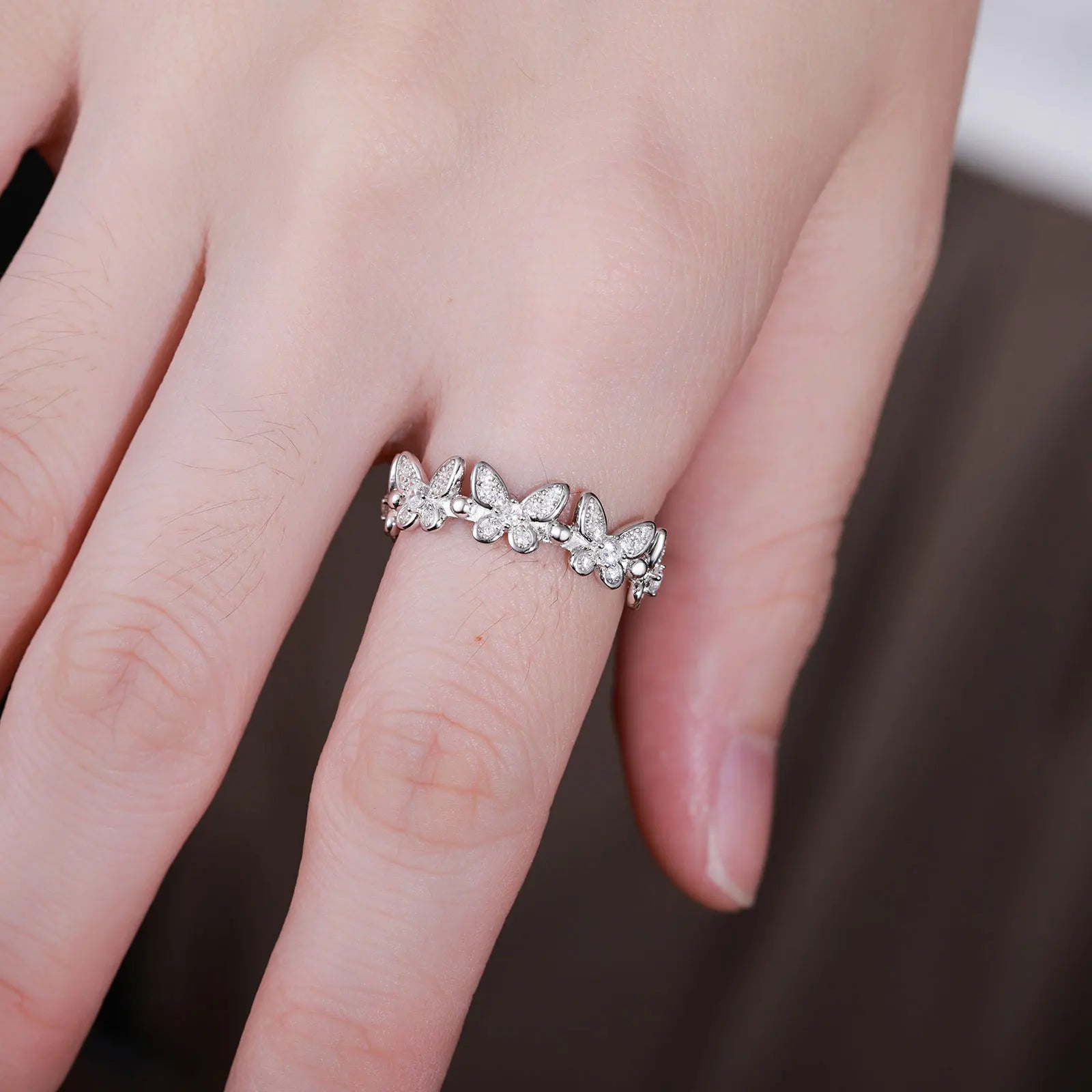 Unisex Iced Out 925 Sterling Silver VVS Moissanite Round Brilliant Cut Adjustable Butterfly Ring