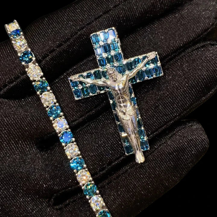 Unisex Round Brilliant Cut VVS Moissanite Tennis Bracelet Cross Pendant 925 Sterling Silver
