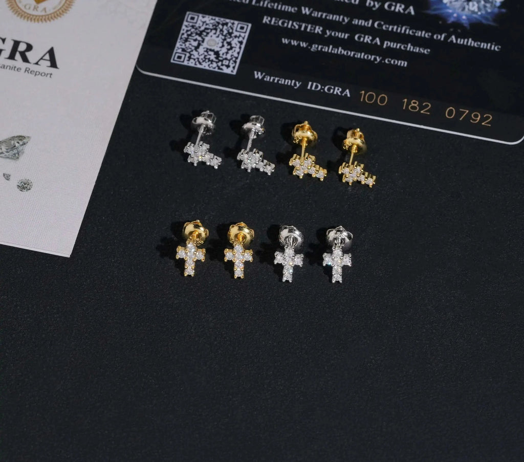 Unisex Iced Out 925 Sterling Silver VVS Moissanite Round Brilliant Cut Cross Screw Back Stud Earrings