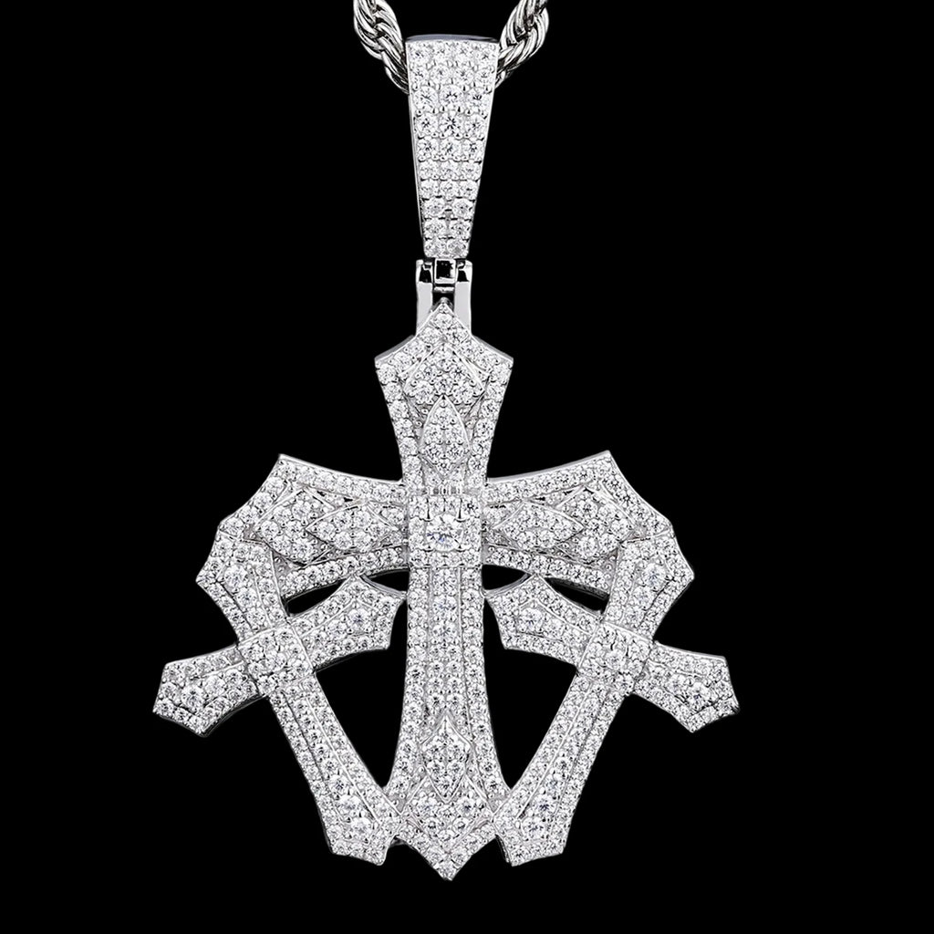 Men's 925 Sterling Silver VVS Moissanite Iced Out Triple Cross Pendant TQP0836