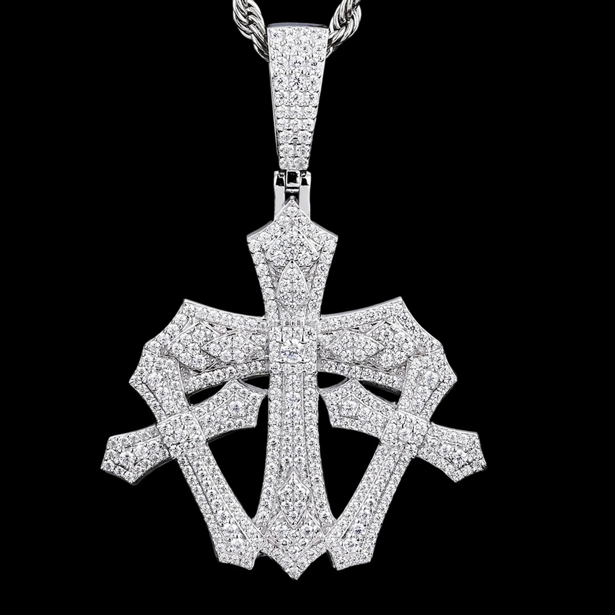 Men's 925 Sterling Silver VVS Moissanite Iced Out Triple Cross Pendant TQP0836