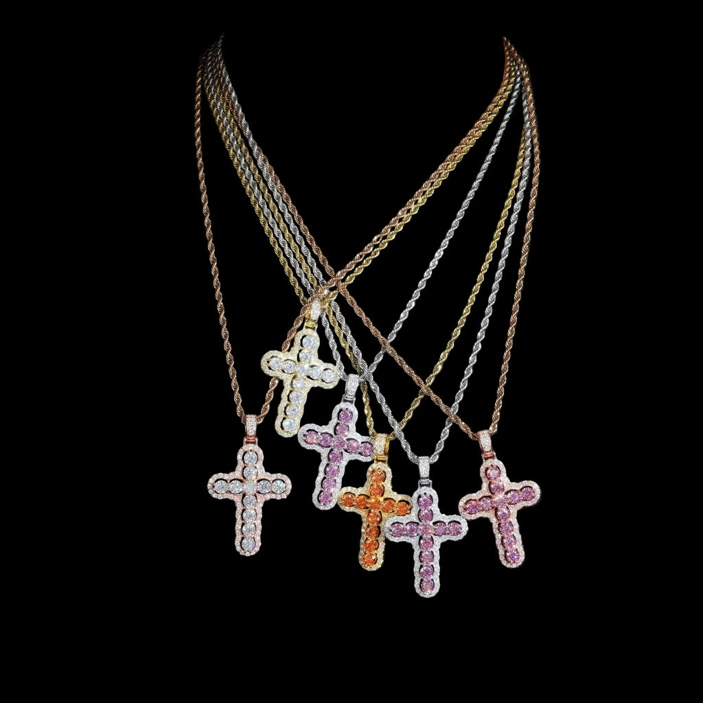 Unisex 925 Sterling Silver VVS Moissanite Crown Cross Iced Out Pendant P7405