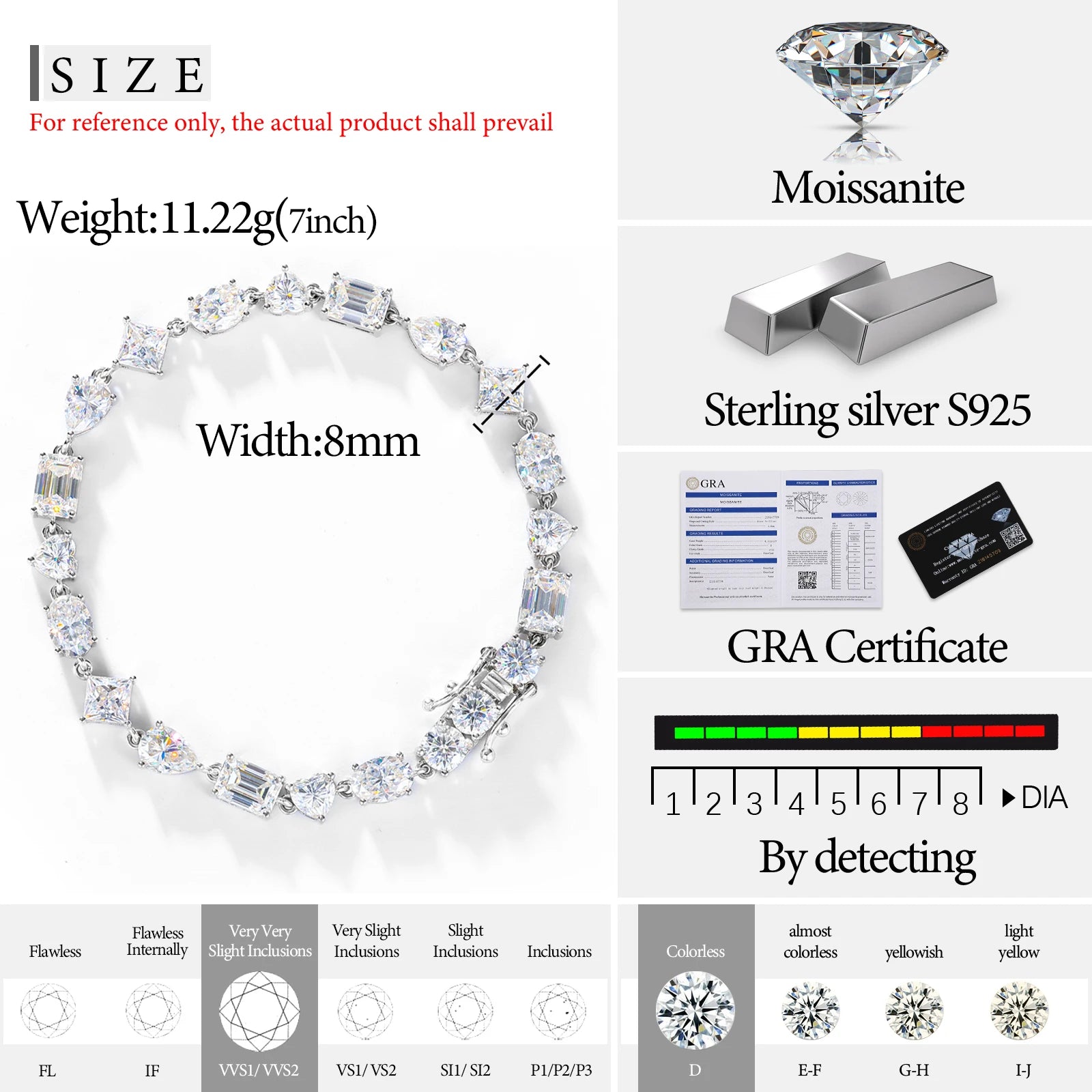 Unisex 8mm Heart Cut VVS Moissanite Tennis Bracelet 925 Sterling Silver