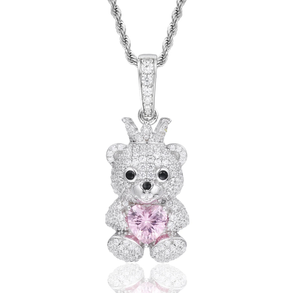 Unisex 925 Sterling Silver VVS Moissanite Iced Out Teddy Bear Pendant TQP0895