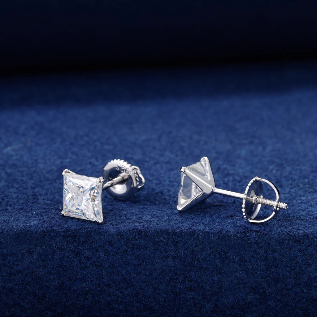Unisex Princess Cut Moissanite Stud Earrings 925 Sterling Silver