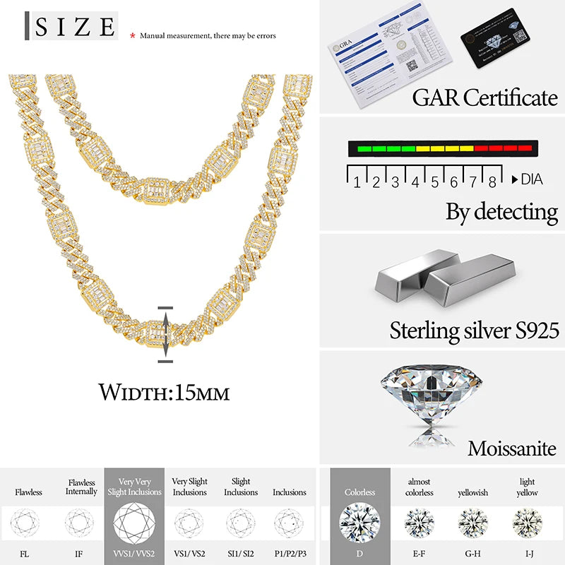Men's 15mm Round Brilliant Cut VVS Moissanite Cuban Link Chain Necklace 925 Sterling Silver