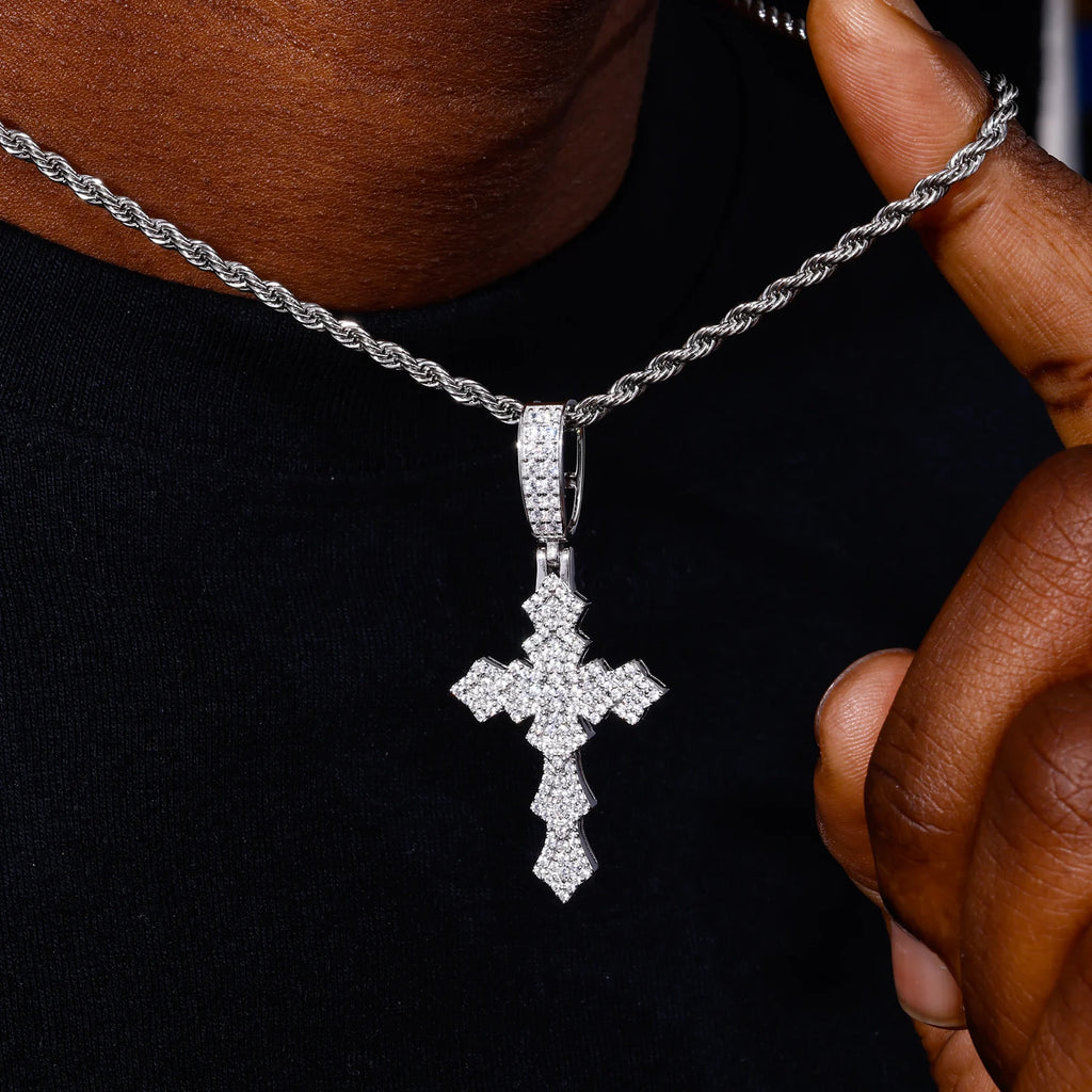 Unisex 925 Sterling Silver VVS Moissanite Iced Out Layered Lily Cross Pendant TQP0858