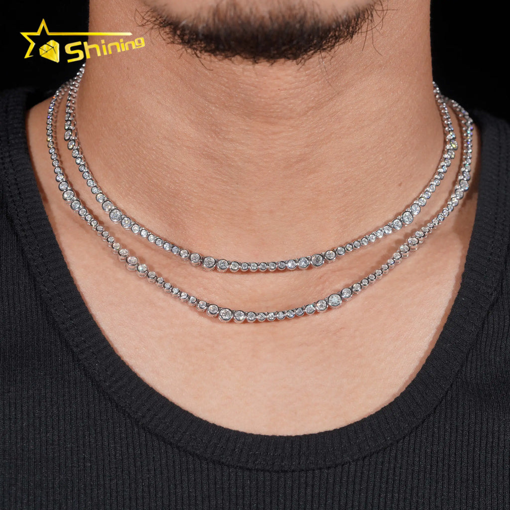 Unisex 2mm Round Brilliant Cut VVS Moissanite Bezel Choker Necklace Rhodium Plated 925 Sterling Silver