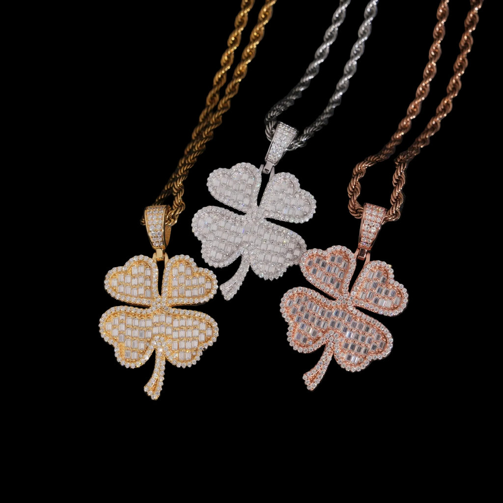 Unisex 925 Sterling Silver VVS Moissanite Lucky Clover Iced Out Pendant YHP0603