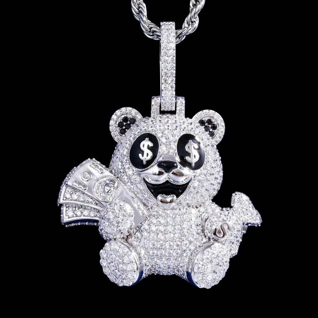 Men's 925 Sterling Silver VVS Moissanite Iced Out Money Dollar Teddy Bear Pendant TQP0891