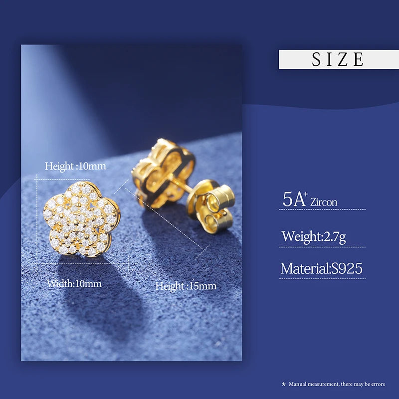 Unisex Iced Out 925 Sterling Silver Gold Plated VVS Moissanite Round Brilliant Cut Flower Stud Earrings