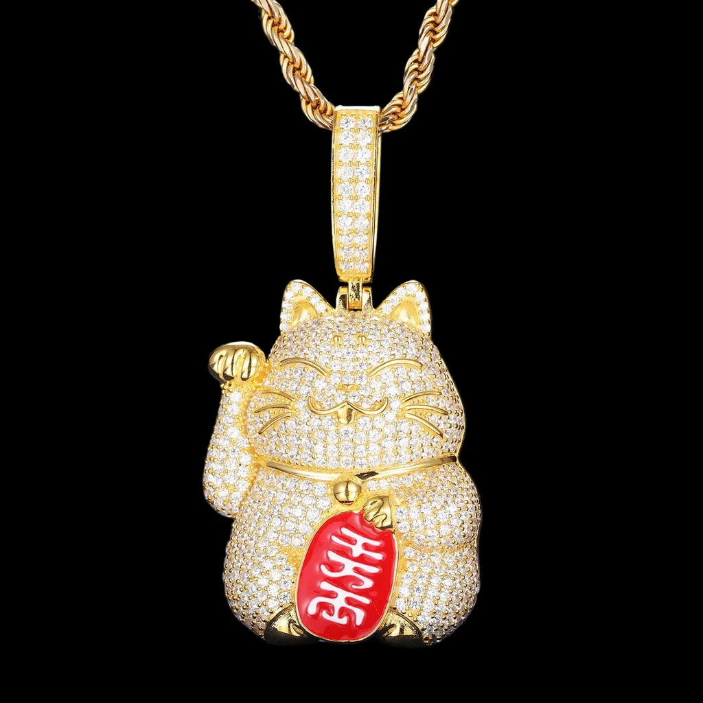 Unisex Iced Out Fortune Cat Pendant 925 Sterling Silver VVS Moissanite TQP0450