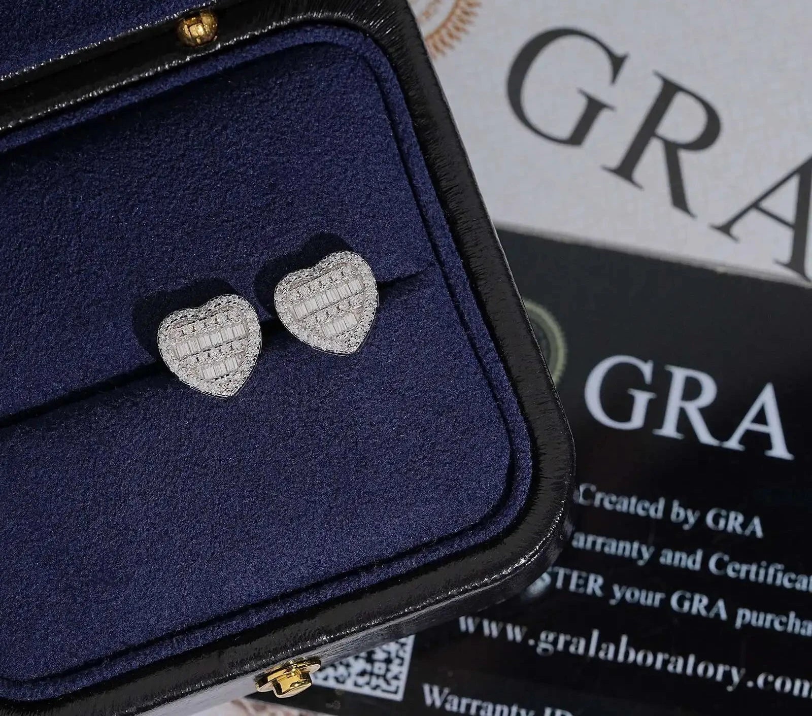 Unisex 925 Sterling Silver VVS Moissanite Heart Baguette Iced Out Stud Earrings