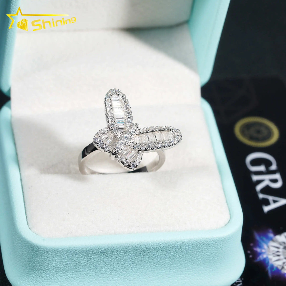 Unisex Iced Out 925 Sterling Silver VVS Moissanite Round Brilliant Cut Butterfly Ring